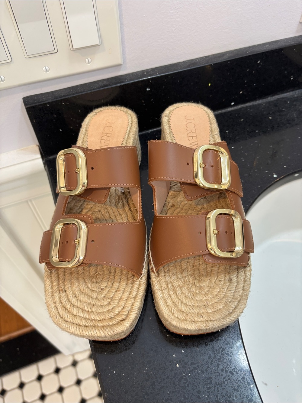 NWOT J. Crew Brown Double-Buckle Espadrille Slide Sandals